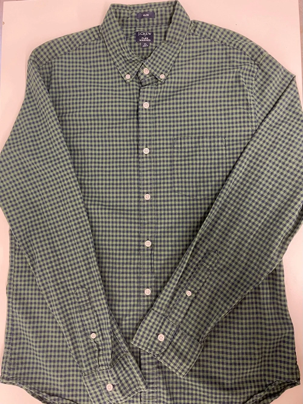 J. Crew Men's Green and Navy Small Plaid Button-Down Shirt